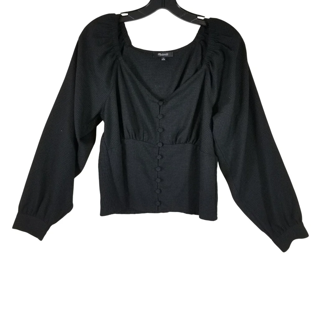 Madwell Black Gingham Seersucker Puff Sleeve Button Front Top Blouse‎ Medium M